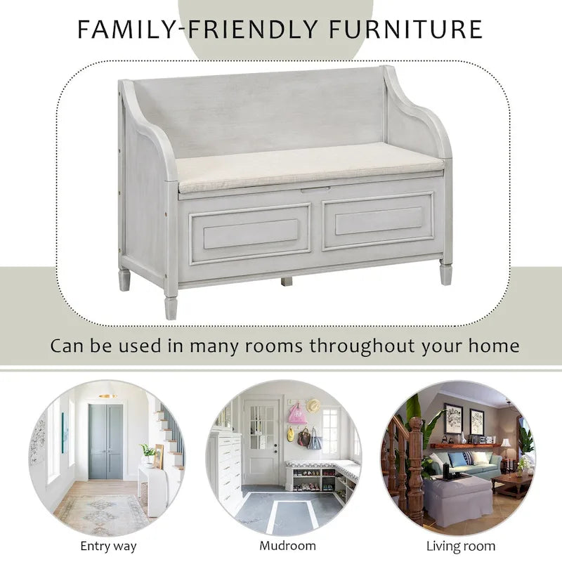 Rustic Solid Wood Entryway Storage Bench with Safety Hinge and Hidden Storage, 5 Colors