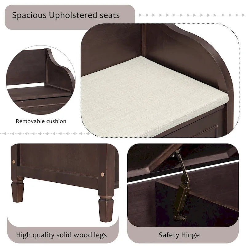 Rustic Solid Wood Entryway Storage Bench with Safety Hinge and Hidden Storage, 5 Colors