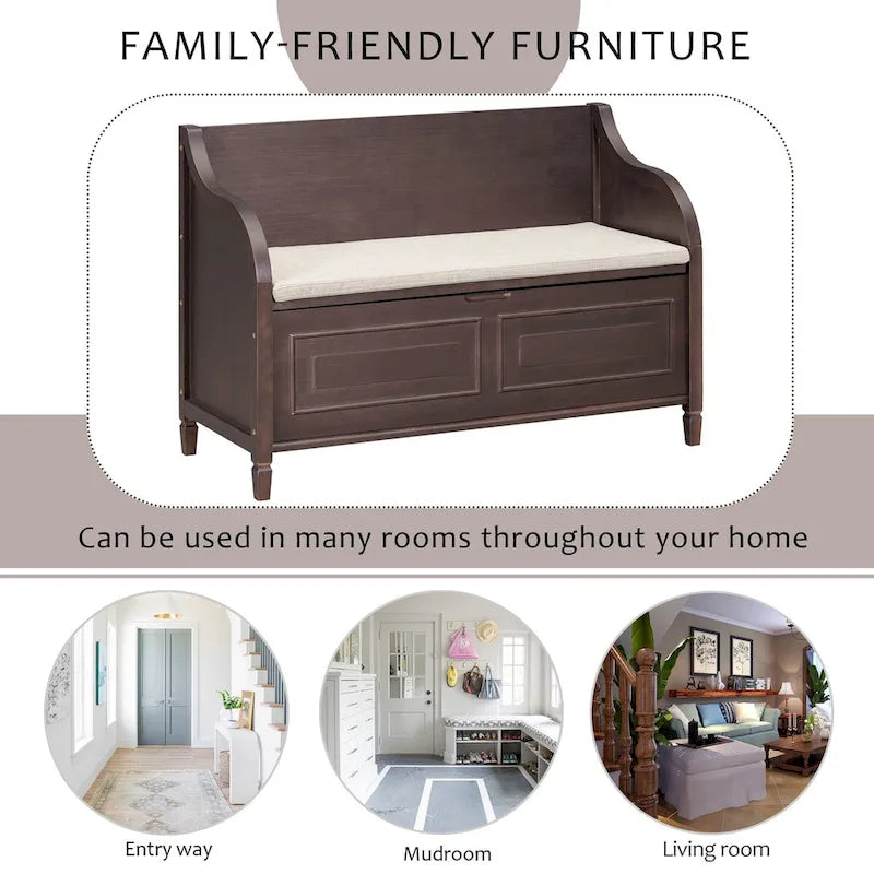 Rustic Solid Wood Entryway Storage Bench with Safety Hinge and Hidden Storage, 5 Colors