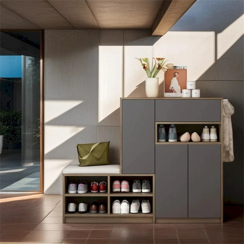 2-in-1 Shoe Storage Bench with Cushioned Seat, Door Cabinet and Adjustable Shelves, Holds 15-20 Pairs
