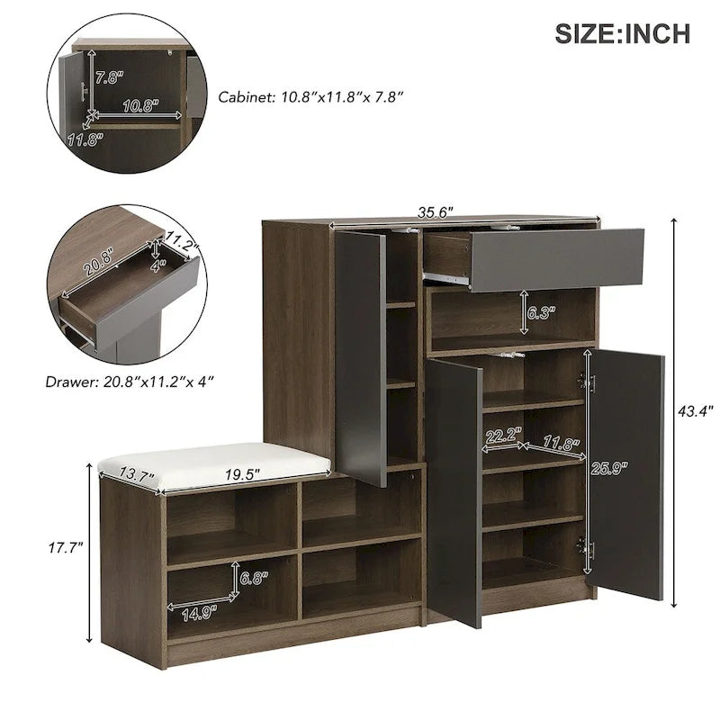 2-in-1 Shoe Storage Bench with Cushioned Seat, Door Cabinet and Adjustable Shelves, Holds 15-20 Pairs