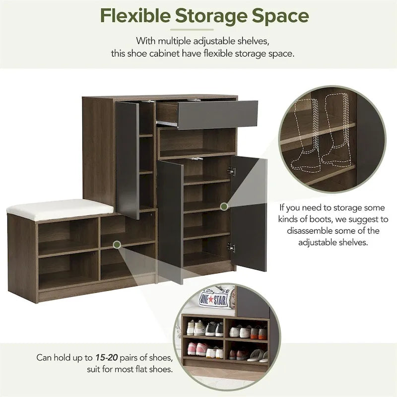 2-in-1 Shoe Storage Bench with Cushioned Seat, Door Cabinet and Adjustable Shelves, Holds 15-20 Pairs