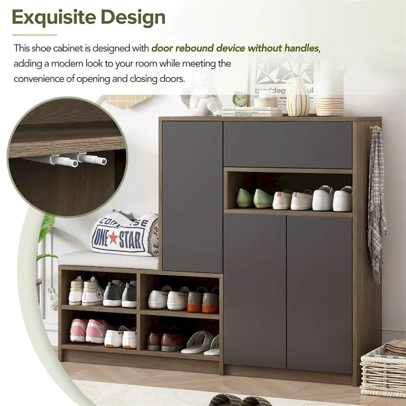 2-in-1 Shoe Storage Bench with Cushioned Seat, Door Cabinet and Adjustable Shelves, Holds 15-20 Pairs