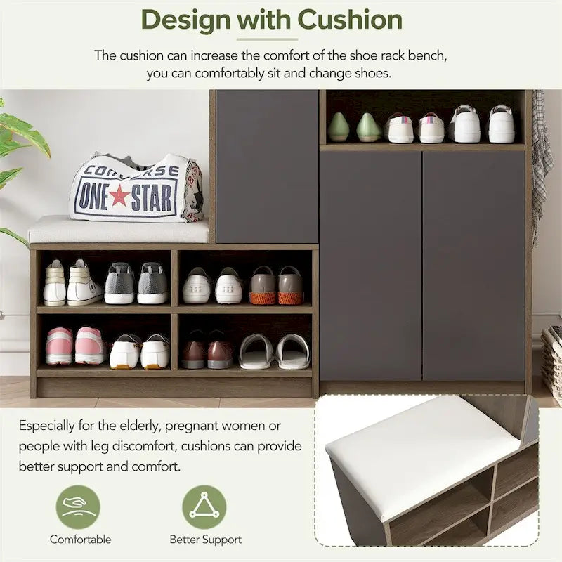 2-in-1 Shoe Storage Bench with Cushioned Seat, Door Cabinet and Adjustable Shelves, Holds 15-20 Pairs
