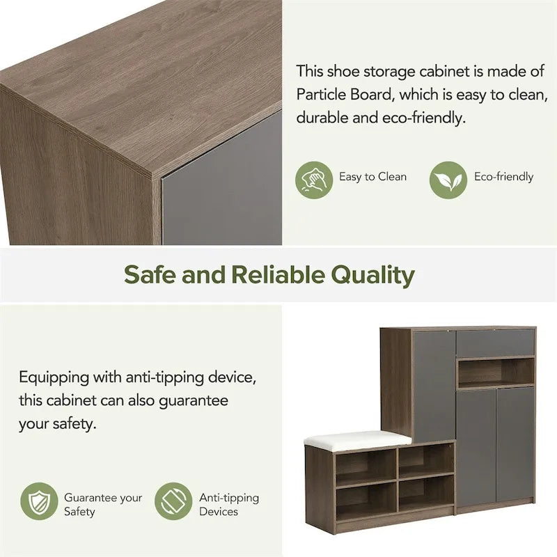2-in-1 Shoe Storage Bench with Cushioned Seat, Door Cabinet and Adjustable Shelves, Holds 15-20 Pairs