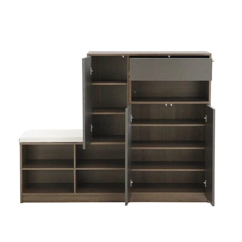 2-in-1 Shoe Storage Bench with Cushioned Seat, Door Cabinet and Adjustable Shelves, Holds 15-20 Pairs
