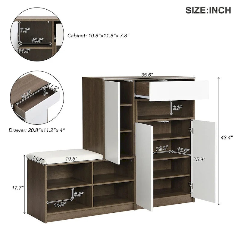 2-in-1 Shoe Storage Bench with Cushioned Seat, Door Cabinet and Adjustable Shelves, Holds 15-20 Pairs