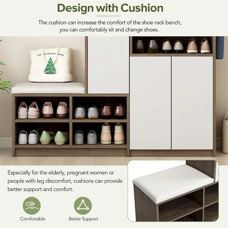 2-in-1 Shoe Storage Bench with Cushioned Seat, Door Cabinet and Adjustable Shelves, Holds 15-20 Pairs