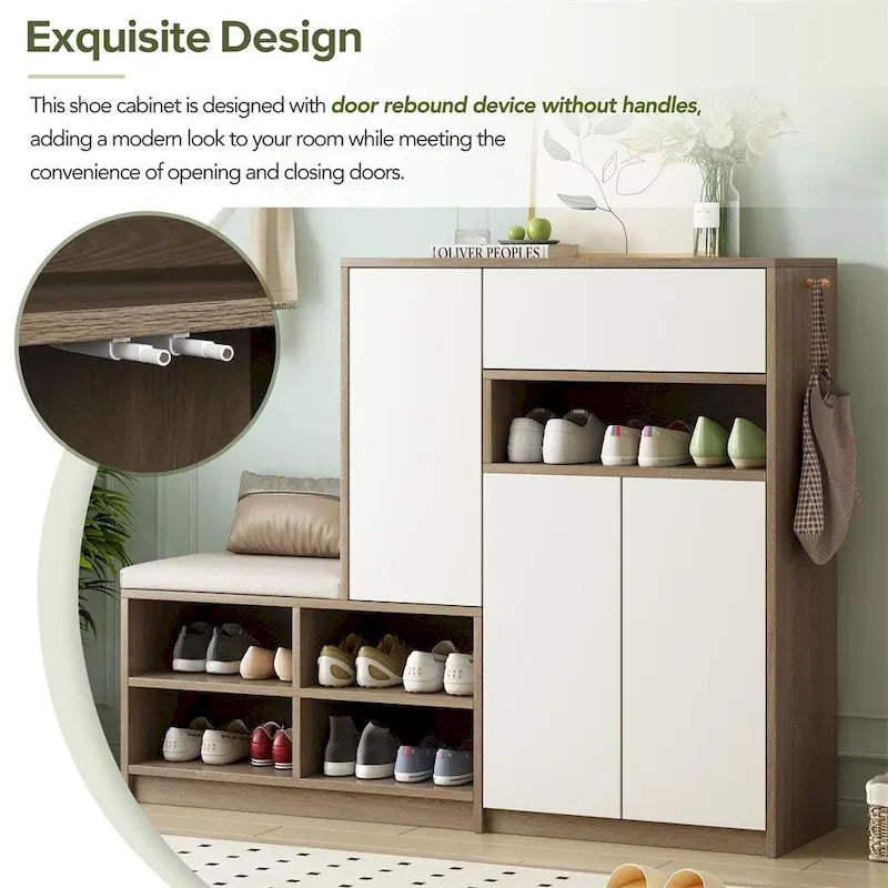 2-in-1 Shoe Storage Bench with Cushioned Seat, Door Cabinet and Adjustable Shelves, Holds 15-20 Pairs