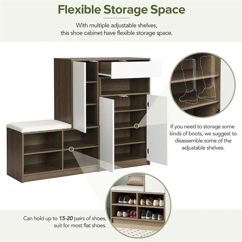 2-in-1 Shoe Storage Bench with Cushioned Seat, Door Cabinet and Adjustable Shelves, Holds 15-20 Pairs