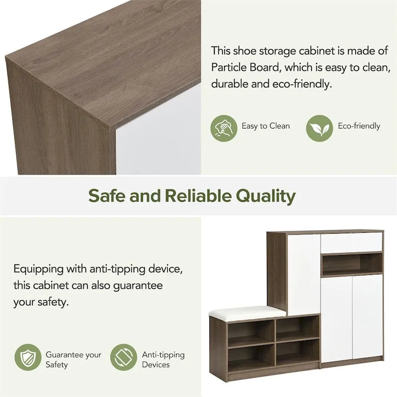 2-in-1 Shoe Storage Bench with Cushioned Seat, Door Cabinet and Adjustable Shelves, Holds 15-20 Pairs