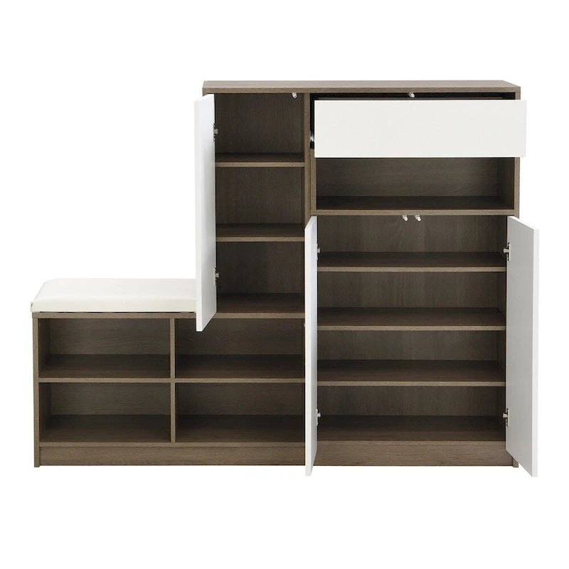 2-in-1 Shoe Storage Bench with Cushioned Seat, Door Cabinet and Adjustable Shelves, Holds 15-20 Pairs