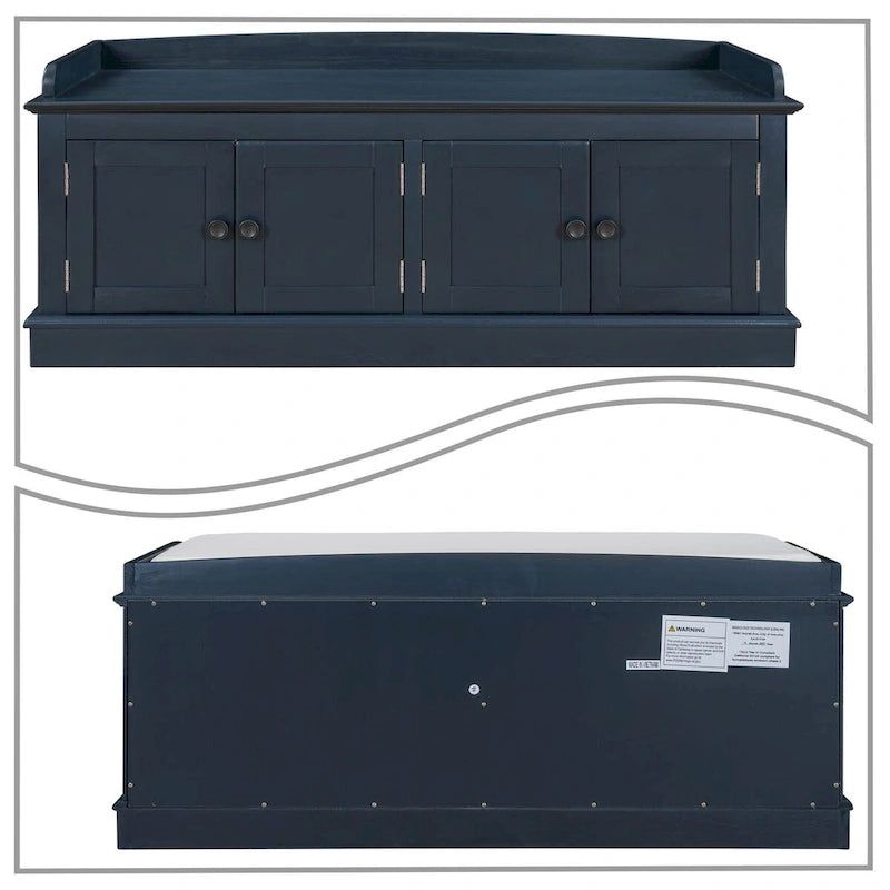 Classic Vintage Wooden Storage Bench with Two Cabinet Compartments