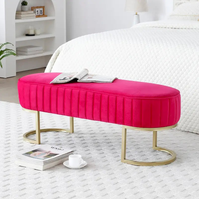 48-Inch Velvet Oval Upholstered End-of-Bed Storage Ottoman Bench with Gold Metal Legs