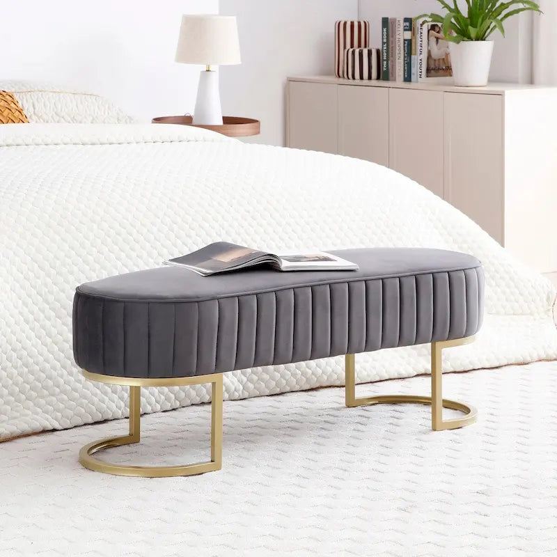 48-Inch Velvet Oval Upholstered End-of-Bed Storage Ottoman Bench with Gold Metal Legs