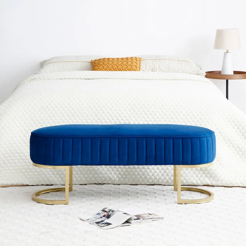 48-Inch Velvet Oval Upholstered End-of-Bed Storage Ottoman Bench with Gold Metal Legs
