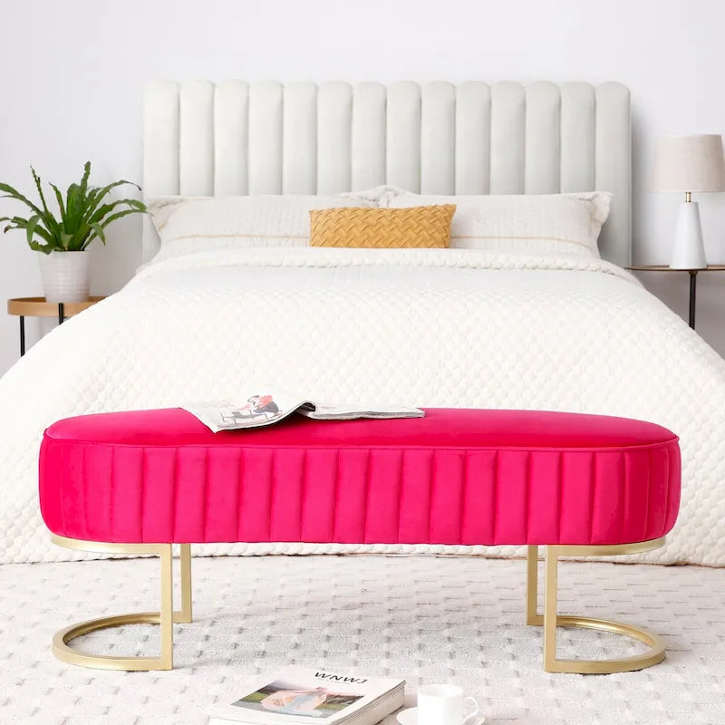 48-Inch Velvet Oval Upholstered End-of-Bed Storage Ottoman Bench with Gold Metal Legs