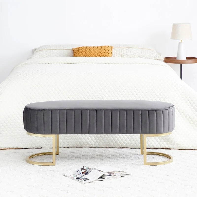 48-Inch Velvet Oval Upholstered End-of-Bed Storage Ottoman Bench with Gold Metal Legs