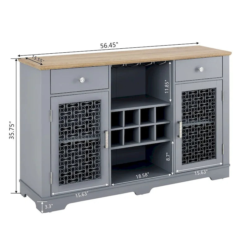 56-Inch Sideboard with 2 Drawers and Glass Door Cabinets