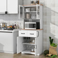 White Wood Kitchen Pantry Cabinet with Glass Doors, 2 Drawers and Open Countertop