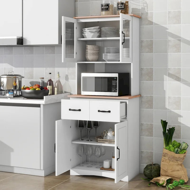 White Wood Kitchen Pantry Cabinet with Glass Doors, 2 Drawers and Open Countertop