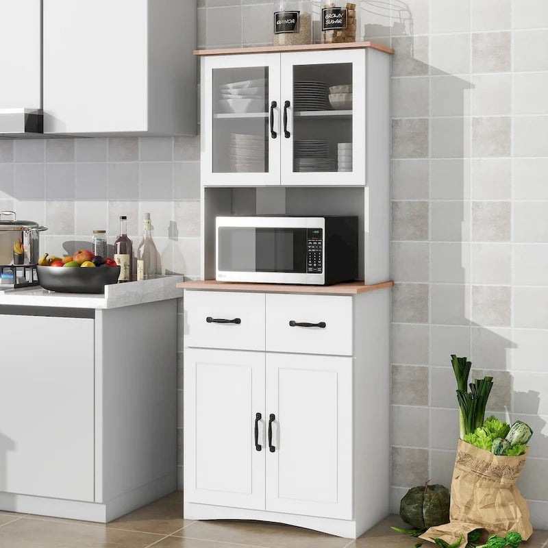 White Wood Kitchen Pantry Cabinet with Glass Doors, 2 Drawers and Open Countertop