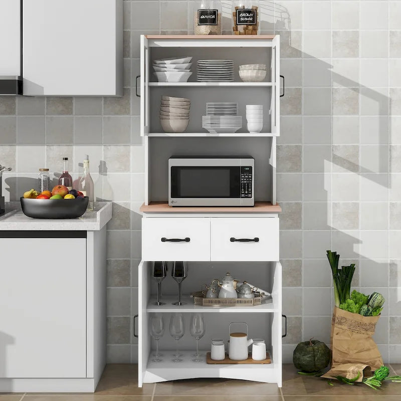 White Wood Kitchen Pantry Cabinet with Glass Doors, 2 Drawers and Open Countertop