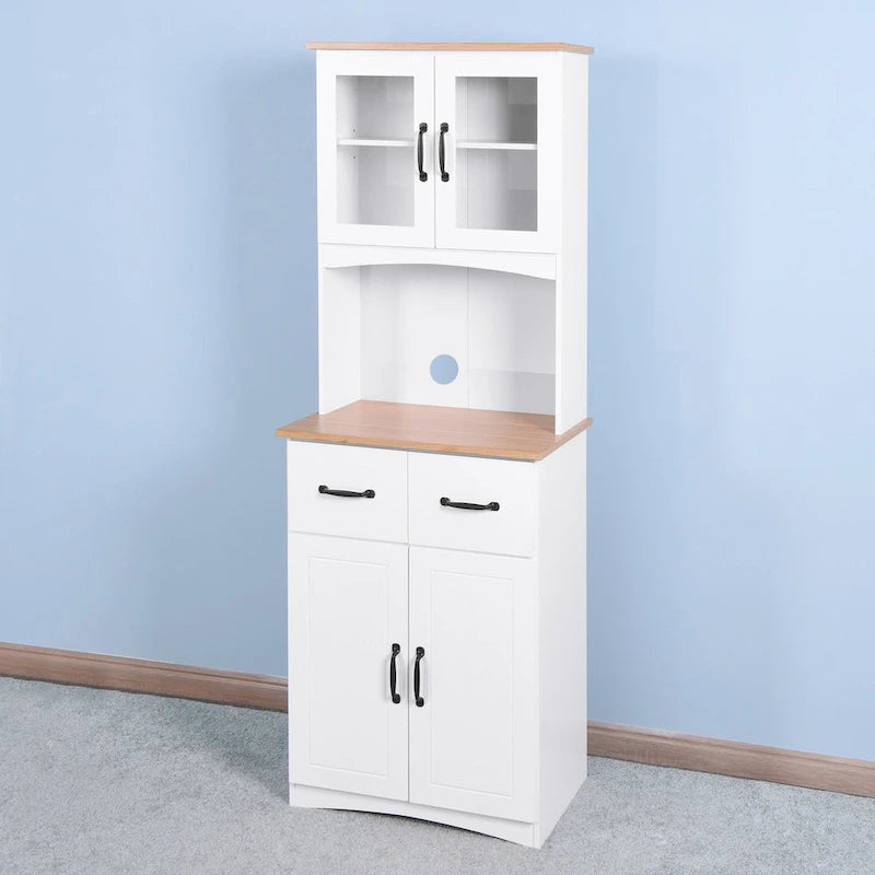White Wood Kitchen Pantry Cabinet with Glass Doors, 2 Drawers and Open Countertop