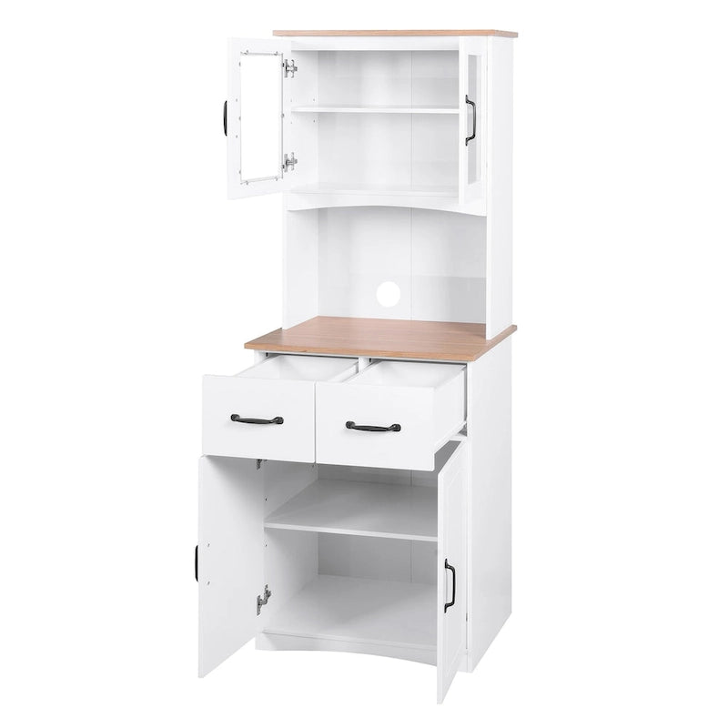 White Wood Kitchen Pantry Cabinet with Glass Doors, 2 Drawers and Open Countertop