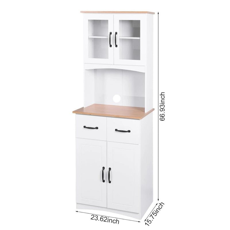 White Wood Kitchen Pantry Cabinet with Glass Doors, 2 Drawers and Open Countertop