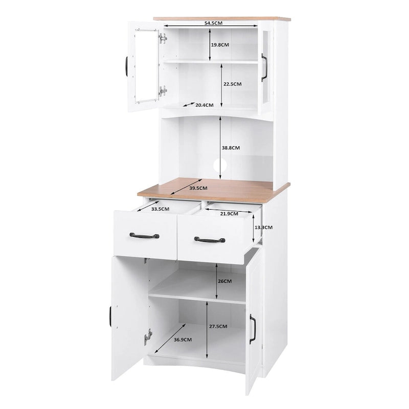 White Wood Kitchen Pantry Cabinet with Glass Doors, 2 Drawers and Open Countertop