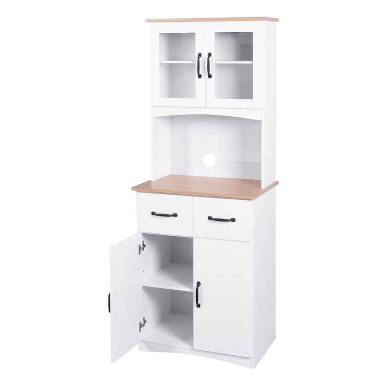 White Wood Kitchen Pantry Cabinet with Glass Doors, 2 Drawers and Open Countertop