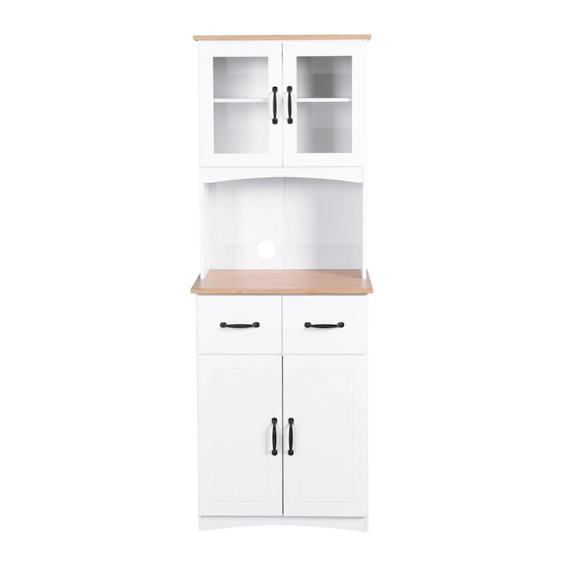 White Wood Kitchen Pantry Cabinet with Glass Doors, 2 Drawers and Open Countertop