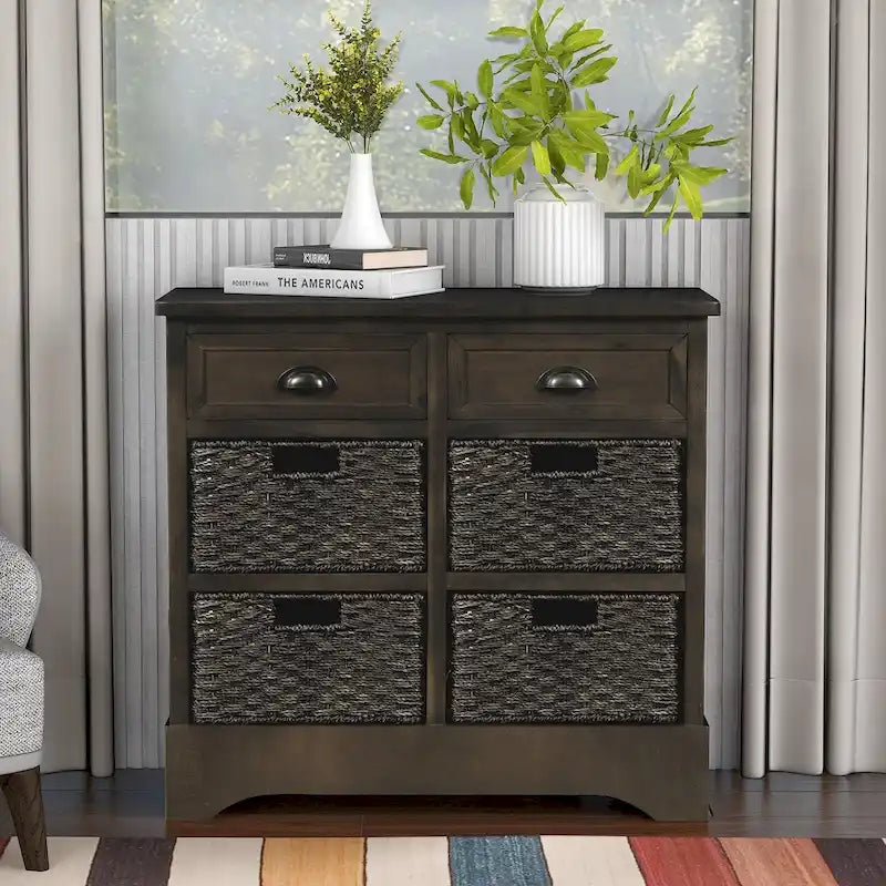 Rustic Storage Cabinet with 2 Drawers and 4 Rattan Baskets for Dining Room or Living Room