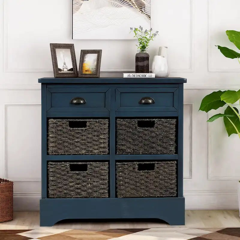 Rustic Storage Cabinet with 2 Drawers and 4 Rattan Baskets for Dining Room or Living Room
