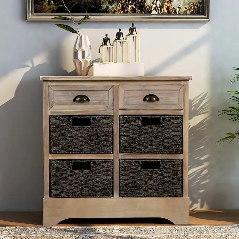 Rustic Storage Cabinet with 2 Drawers and 4 Rattan Baskets for Dining Room or Living Room
