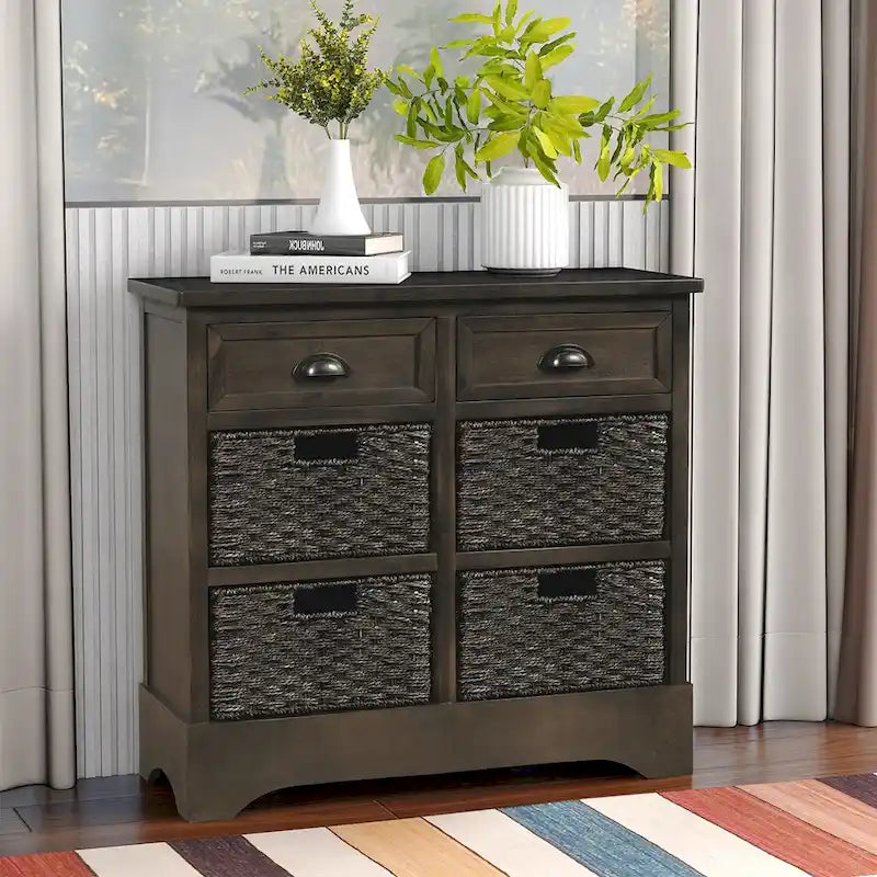 Rustic Storage Cabinet with 2 Drawers and 4 Rattan Baskets for Dining Room or Living Room