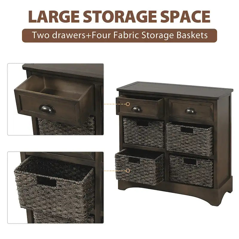 Rustic Storage Cabinet with 2 Drawers and 4 Rattan Baskets for Dining Room or Living Room