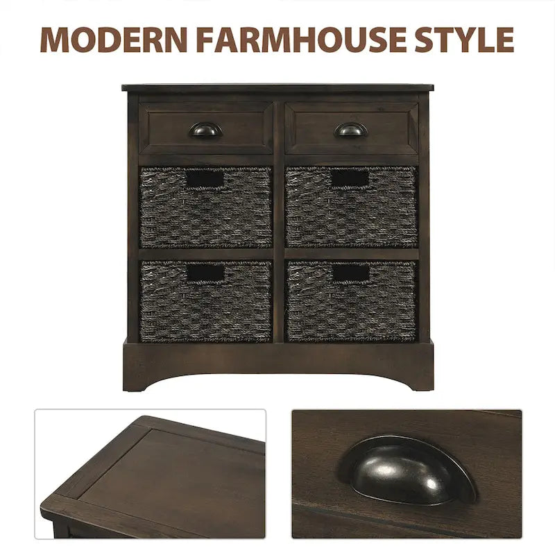 Rustic Storage Cabinet with 2 Drawers and 4 Rattan Baskets for Dining Room or Living Room