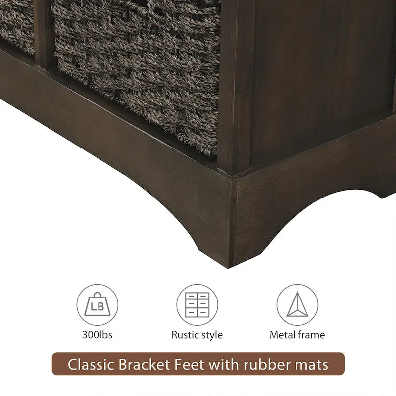 Rustic Storage Cabinet with 2 Drawers and 4 Rattan Baskets for Dining Room or Living Room