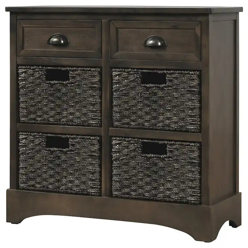Rustic Storage Cabinet with 2 Drawers and 4 Rattan Baskets for Dining Room or Living Room