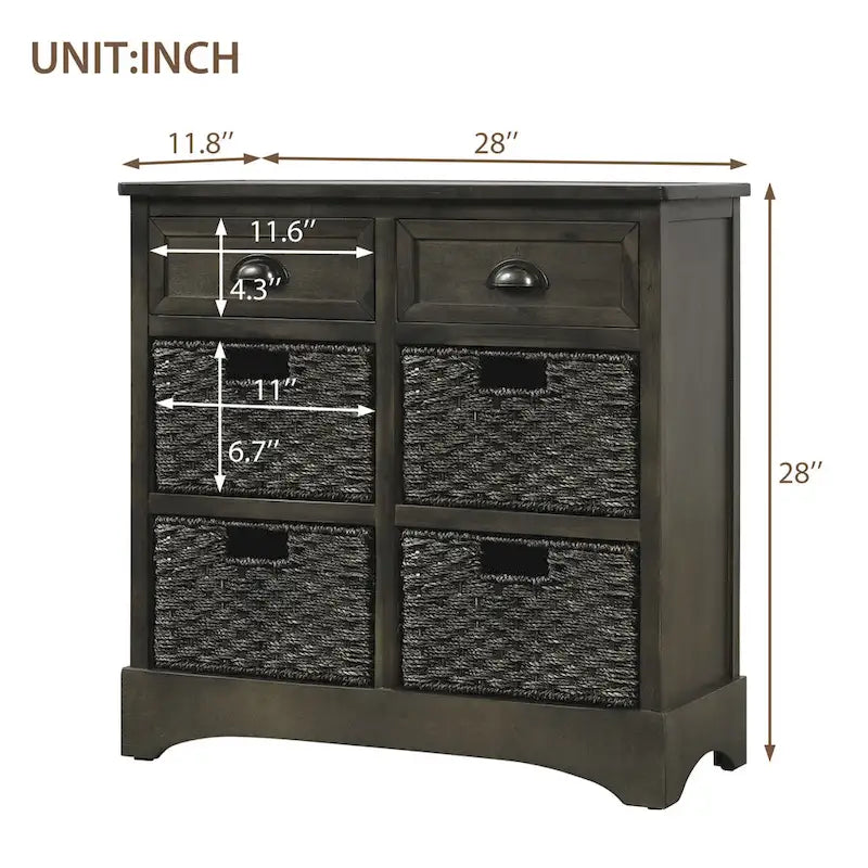 Rustic Storage Cabinet with 2 Drawers and 4 Rattan Baskets for Dining Room or Living Room