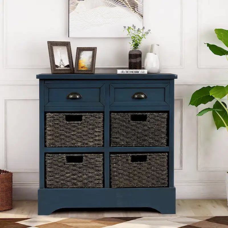 Rustic Storage Cabinet with 2 Drawers and 4 Rattan Baskets for Dining Room or Living Room