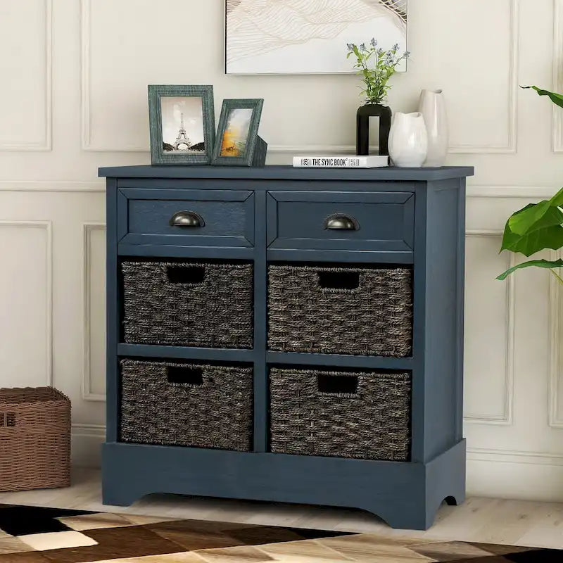 Rustic Storage Cabinet with 2 Drawers and 4 Rattan Baskets for Dining Room or Living Room