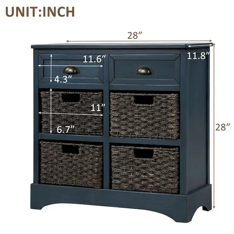 Rustic Storage Cabinet with 2 Drawers and 4 Rattan Baskets for Dining Room or Living Room
