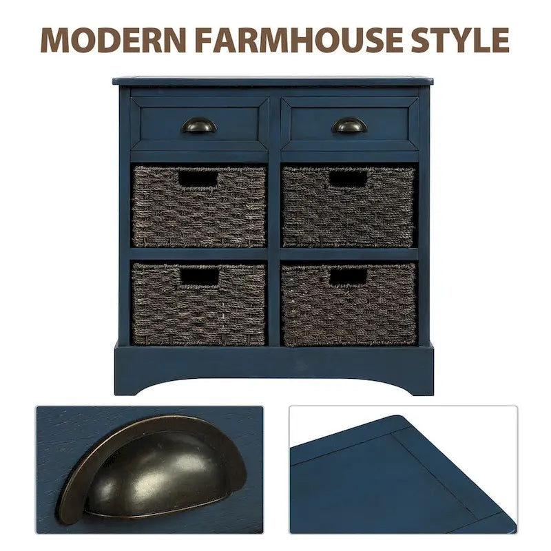 Rustic Storage Cabinet with 2 Drawers and 4 Rattan Baskets for Dining Room or Living Room