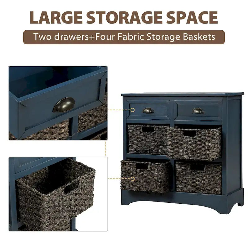 Rustic Storage Cabinet with 2 Drawers and 4 Rattan Baskets for Dining Room or Living Room