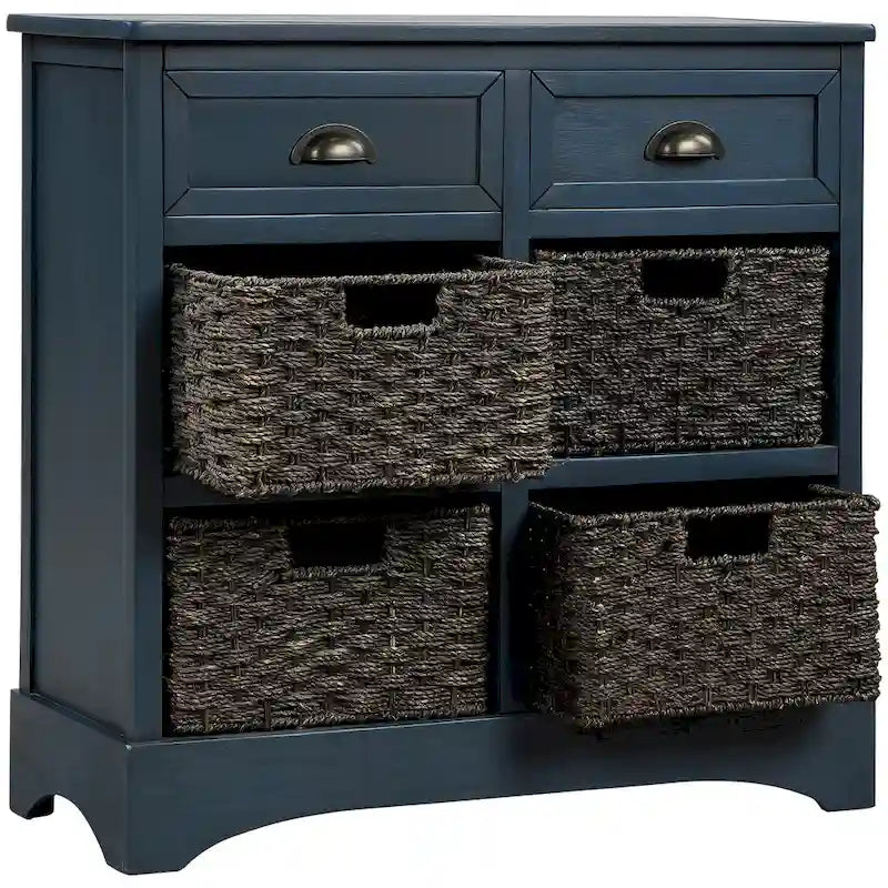 Rustic Storage Cabinet with 2 Drawers and 4 Rattan Baskets for Dining Room or Living Room