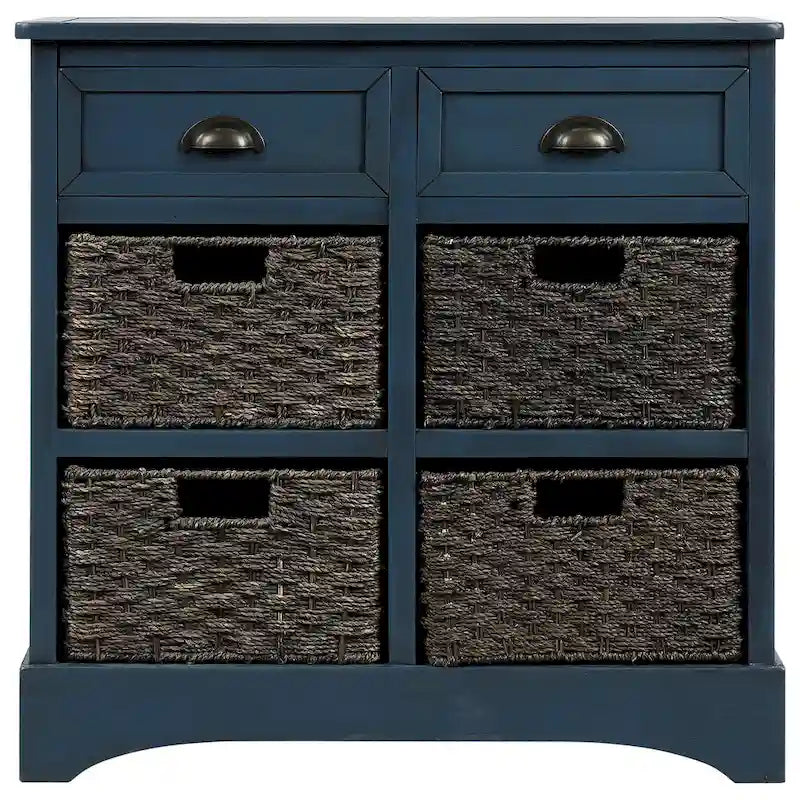 Rustic Storage Cabinet with 2 Drawers and 4 Rattan Baskets for Dining Room or Living Room