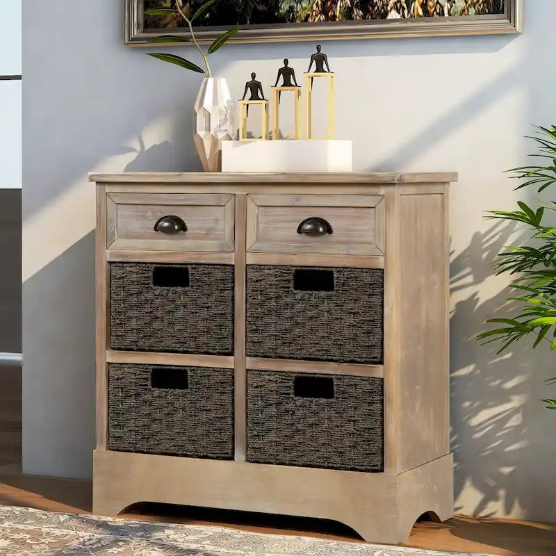 Rustic Storage Cabinet with 2 Drawers and 4 Rattan Baskets for Dining Room or Living Room